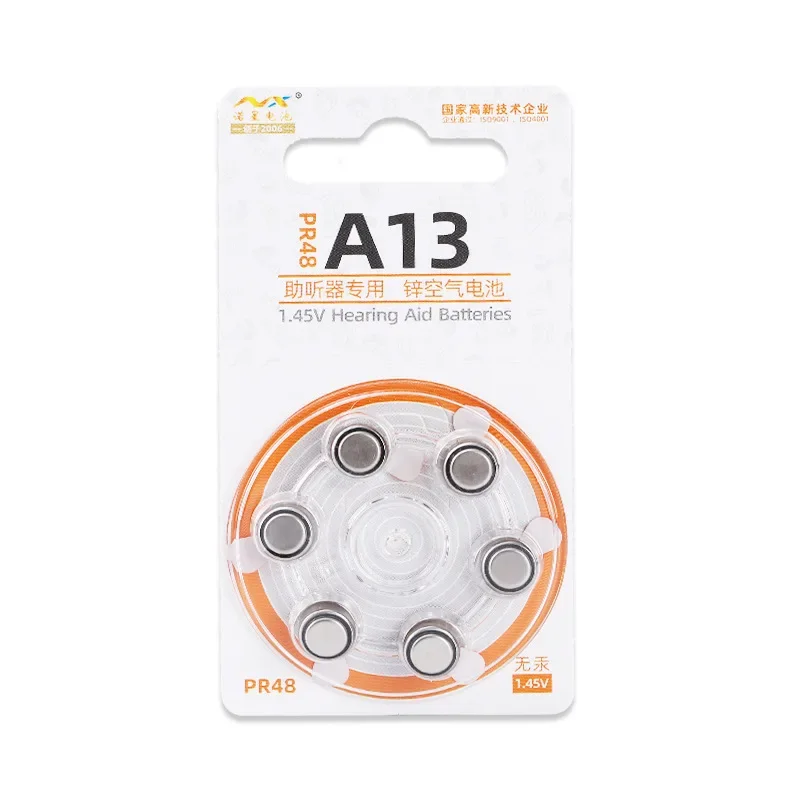 A13 Hearing Aid Batteries PR48 1.45V 230mAh Zinc Air Button Cells, 6 Pack, Mercury Free, Long Life Power