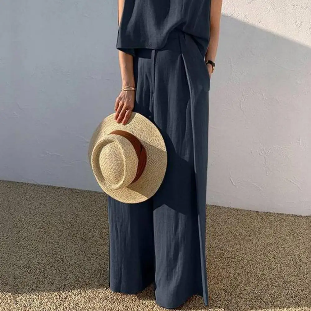 Casual Two-piece Suit Stylish Women's 2-piece Vest Pants Set Sleeveless Round Neck Top High Waist Wide Leg Trousers Casual Daily