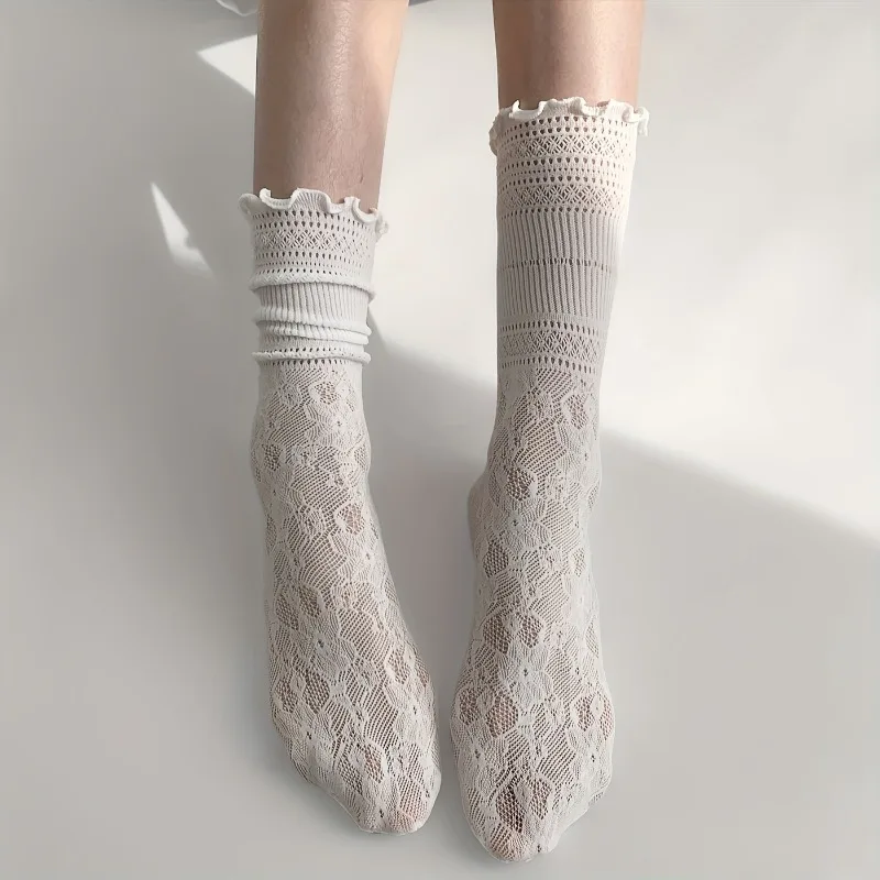1/3 Paar hohle Netzsocken für Damen, niedliche japanische lange Socken im JK-Stil, ultradünne Sommer-Rüschensocken, koreanische Harajuku-atmungsaktive Socken – Detail 2