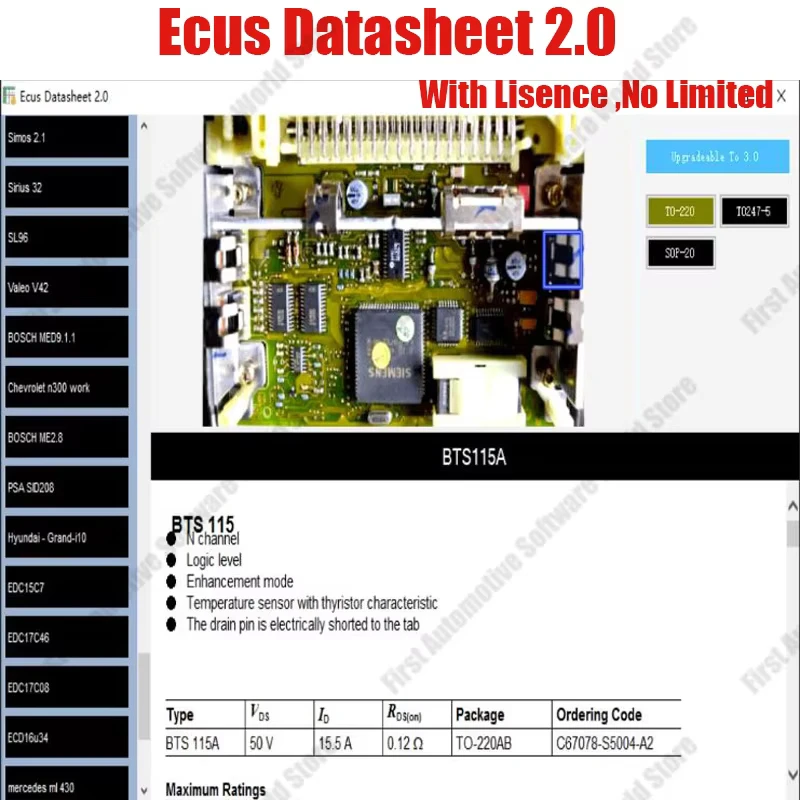 Software de reparación ECU, hoja de datos Ecus 2,0, diagrama PCB con componentes electrónicos de ECU e información adicional par