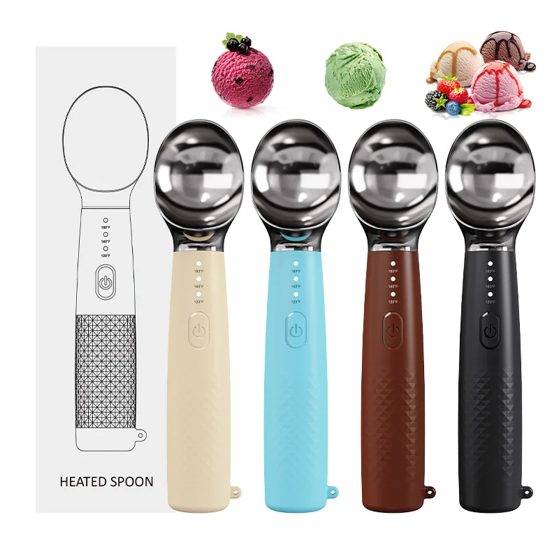 Three-speed temperature-controlled heated ice cream spoon Long battery life Stainless steel one-dig ball electric heating spoon