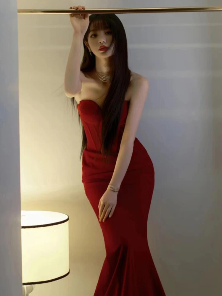 

Red Wine Color Bridal Evening Gown Sexy Strapl Fi Tail Wedding Dr for Engagement Performance Long Polyester Skirt