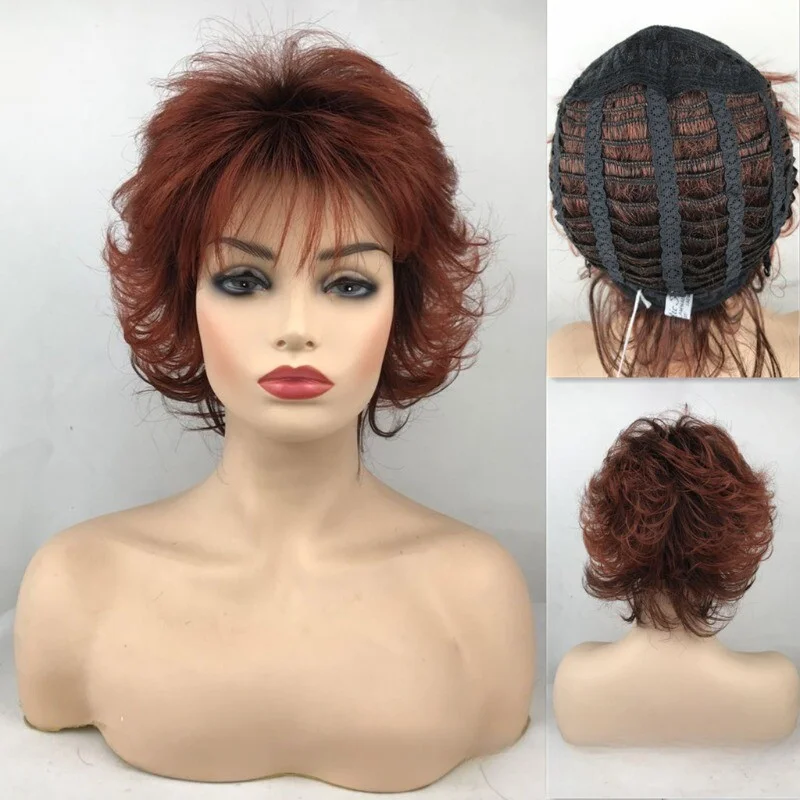 

Women Wig Short Curly Wig Ladies Hair Fluffy Wig Brown Red Wig+Wig Cap