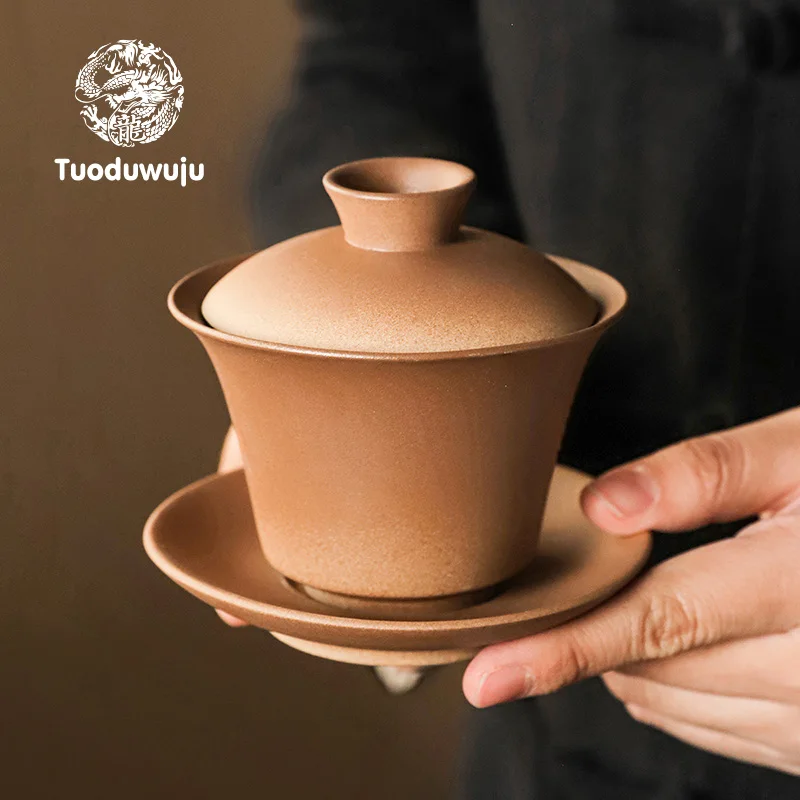 Handmade Rough Pottery Tea Cover Bowl, Single High-End Kung Fu Tea Set, Household Tea Cover Bowl, Not Hot to Hand, 120ml, XH153