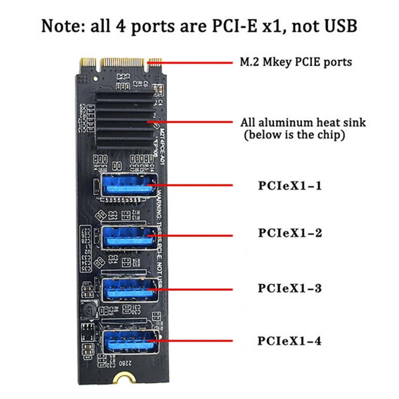 M.2 NVME To 4Port PCI-E 1X Riser Card M.2 MKEY PCI-E Adapter USB3.0 PCI-E Graphics Expansion Card ASM1184E Chip