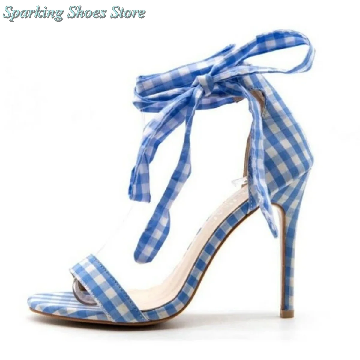 

Blue Gingham Mixed Color One Strap Heeled Sandals Lace Up Bowknot Shallow High Heels Pointed Toe Women Stiletto Luxury New Shoes