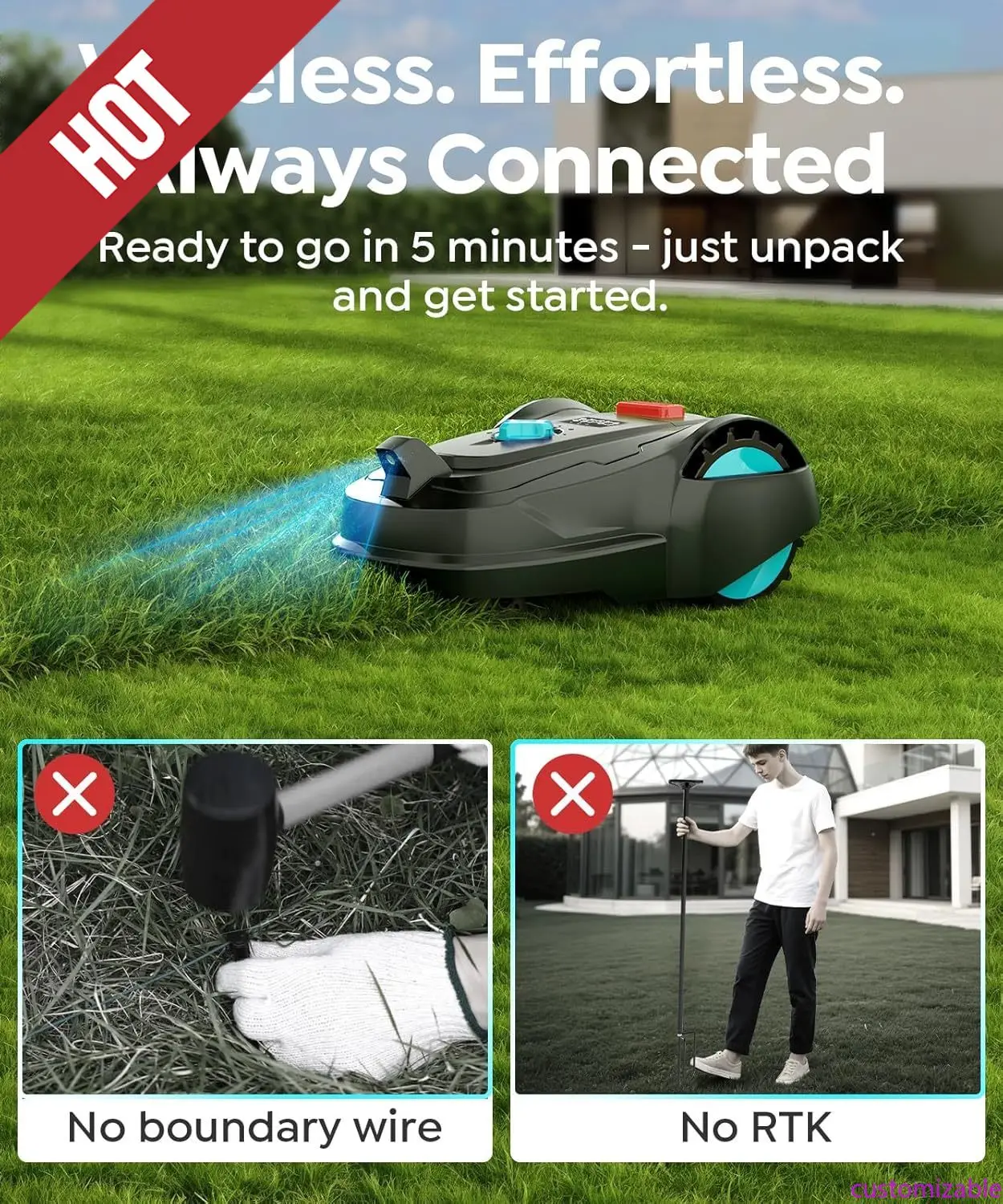 

Customizable Cordless Robot Lawn Mower With GPS + 3D Visual Navigation,for 1/5 Acre, Obstacle Avoidance, Height Adjustment