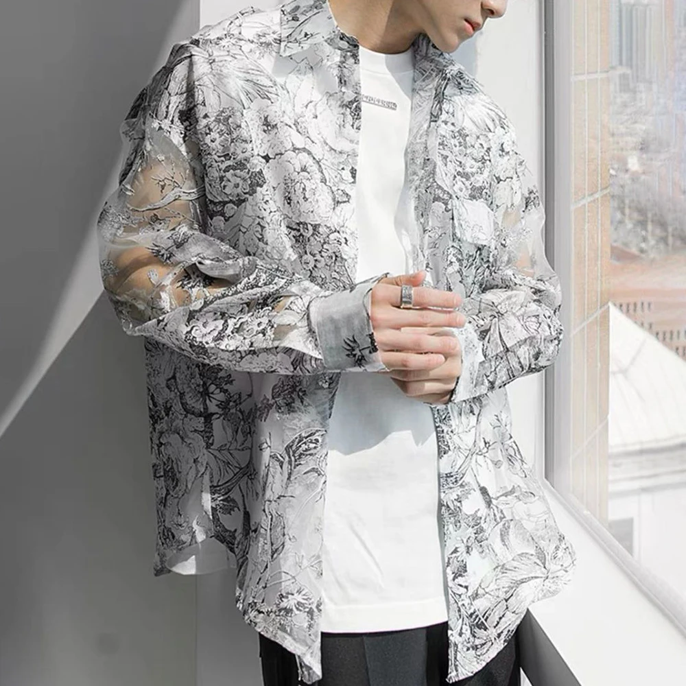 

Shirts Men Fashion Mesh Floral Shirt Harajuku Gothic Top Long Sleeve Korean Loose Street Sun-proof Summer Holiday Casual Clothes