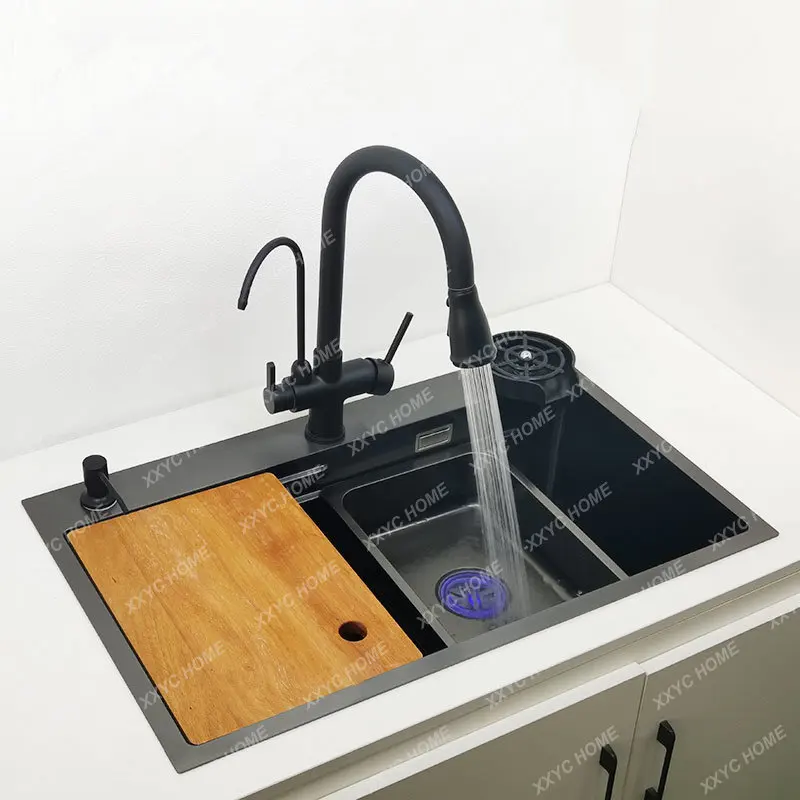 Topmount Single Bowl DarkGray Wash Basin 304 Stainless Steel with chopping board Cup washer Nano kitchen sink