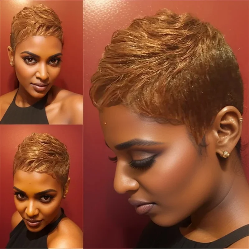 짧은 레이어드 픽시 헤어컷 앞머리가 있는 전체 기계 제작 가발 브라질 스트레이트 인모 30가지 색상(매일 사용)