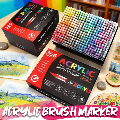 12-366 Colors Acrylic Painting Marker Waterproof Acrylic Brush Marker Professional Acrylic Marker Set DIY Coloring Art Supplies