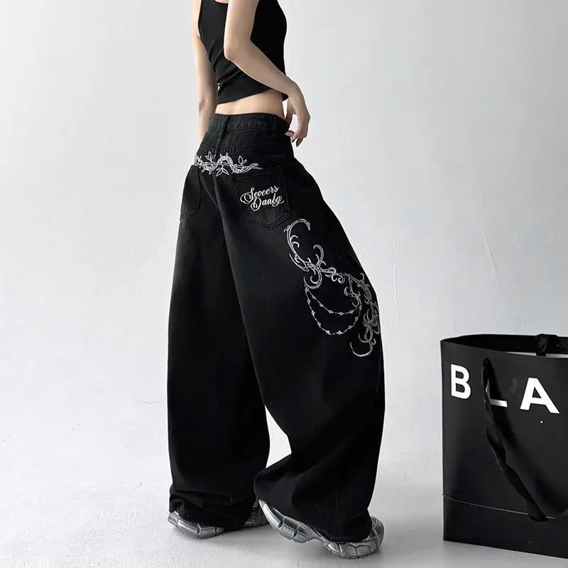 Women Vintage Embroidery Y2K Baggy Jeans Female High Waist 2000s Wide Leg Denim Pants American Retro Harajuku Trouser