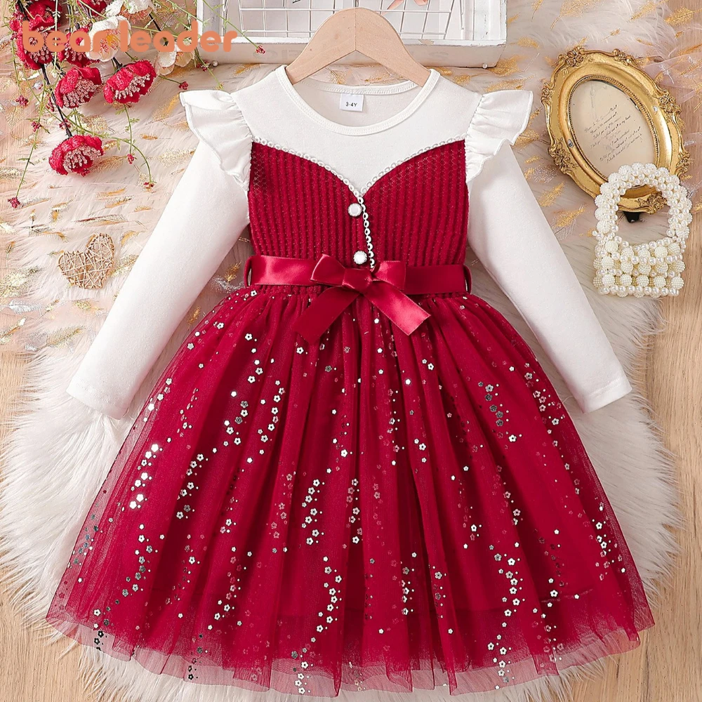 

Bear Leader 2025 Autumn Color Blocked Girls' Dresses Christmas Children's Dress Red Bow Mesh Sequin Decoration Princess Dress