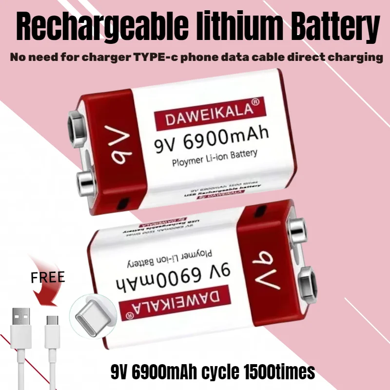 

9V 6900mAh Li-ion Rechargeable Battery USB Type-C Multimeter Lithium Battery Microphone Metal Detector Power Supply Battery