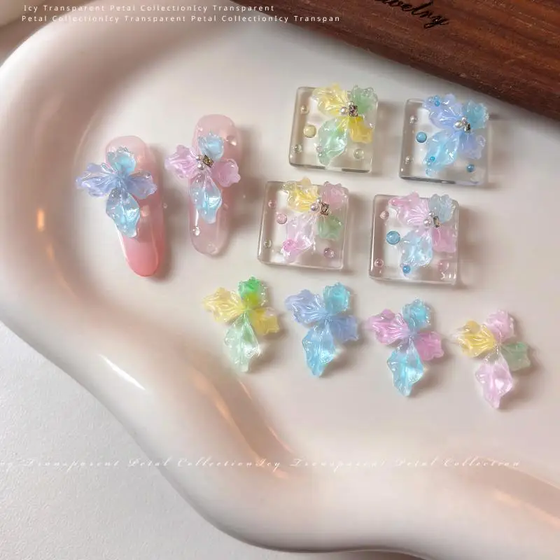 20Pcs Soft Carving Ice Crystal Flower Nail Accessories Summer Dopamine Gradient Soft Glue Lily Flower DIY Wearing Armor Decore