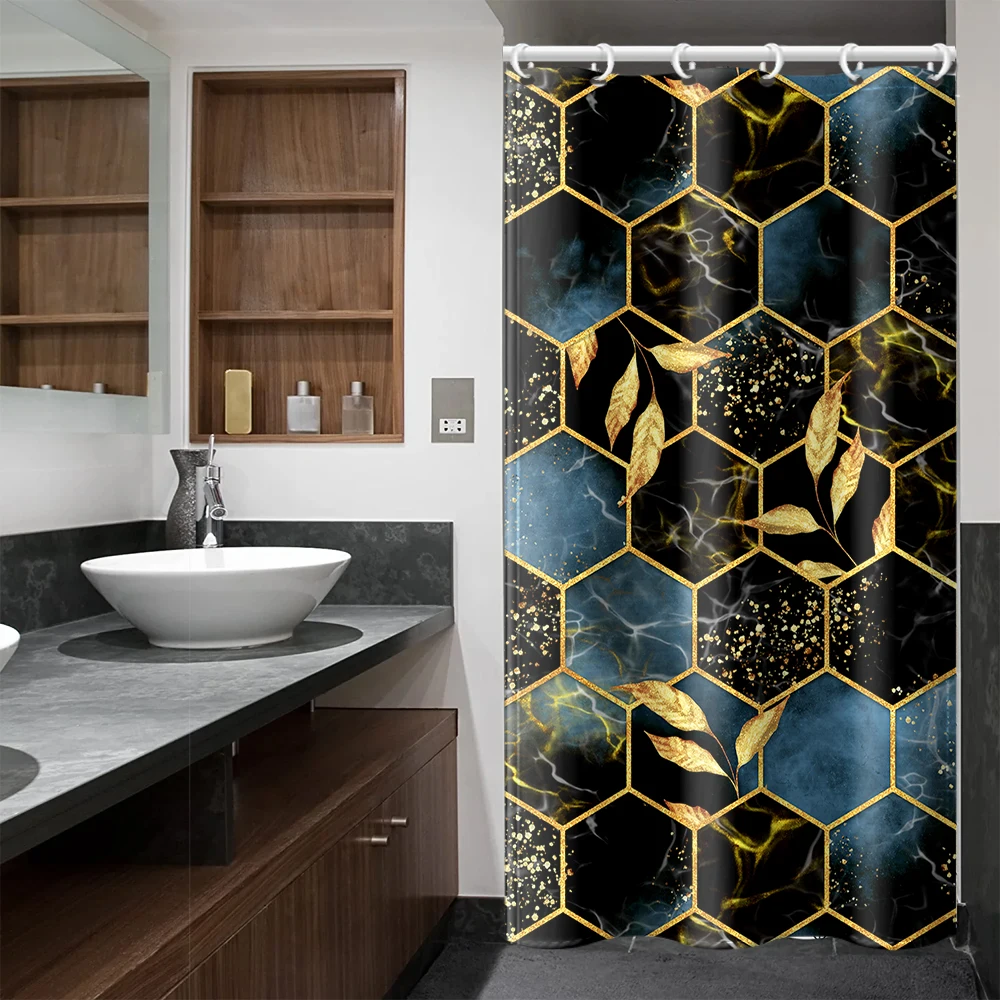 Brown Honeycomb Lattice Shower Curtain Waterproof Printed Bathroom Partition Decorative Curtain With Plastic Hook