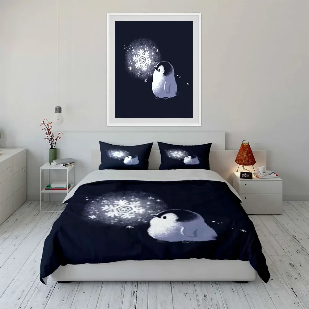Penguin Snowflake Decorative Set Bedding Set with 1 Duvet Cover 2 Pillowcases Single Double King Queen, Gift