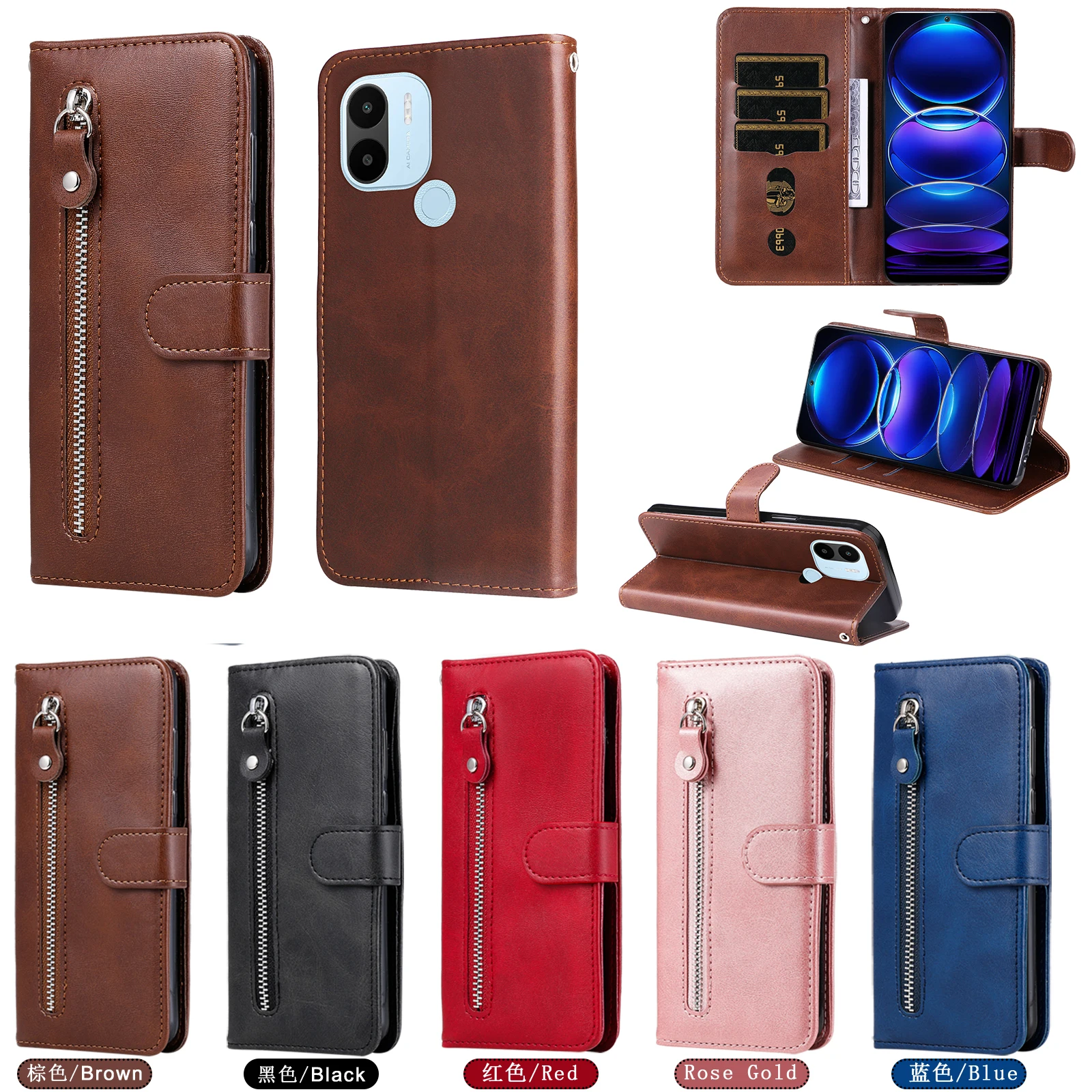 

Pu Leather zipper Case For OPPO A7 A9 A52 A94 4G Realme c20 C35 Reno7pro 5G GT NEO2 5G File Card Cover