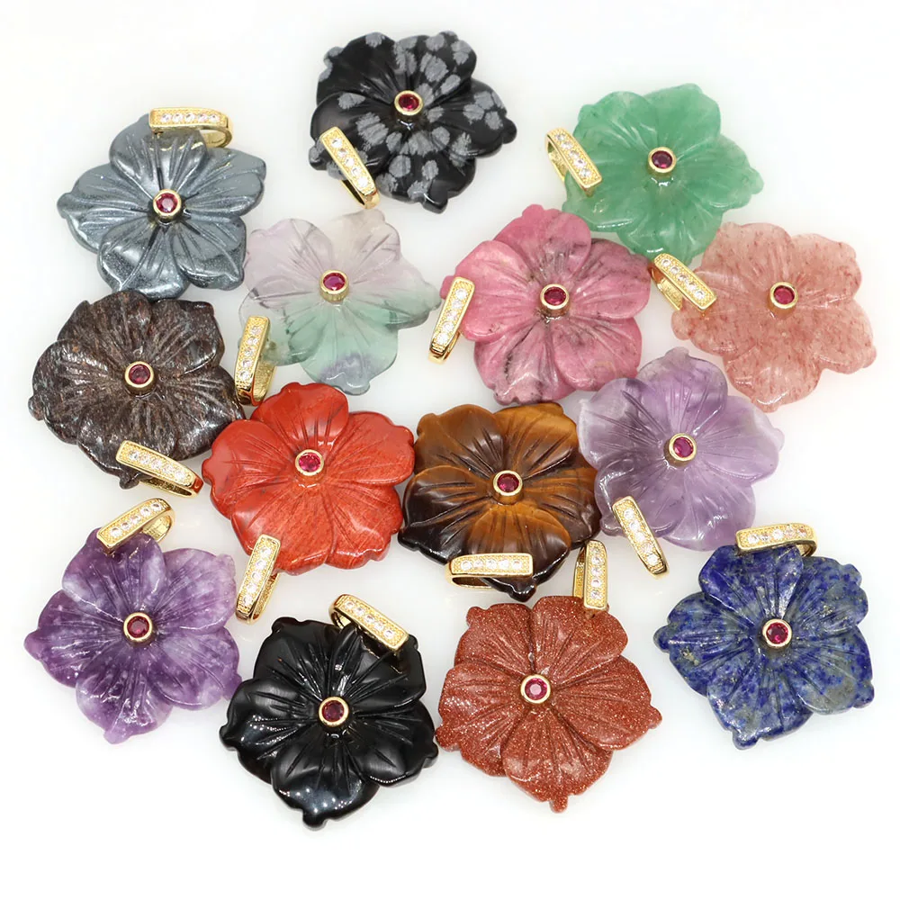28mm Natural Stones Crystals with Zircon Flower Shape Amethyst Rose Quartz Lapis Gemstone Charms for DIY Jewelry Accessory