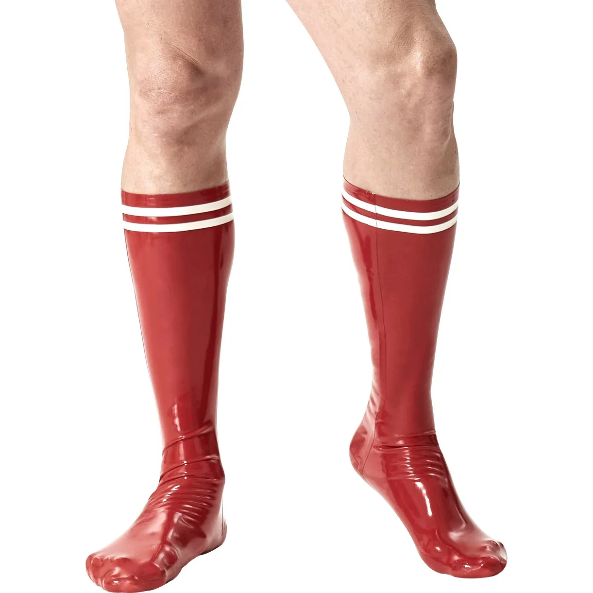 

Red With White Stripes At Top Long Rubber Latex Socks Under Knee Length