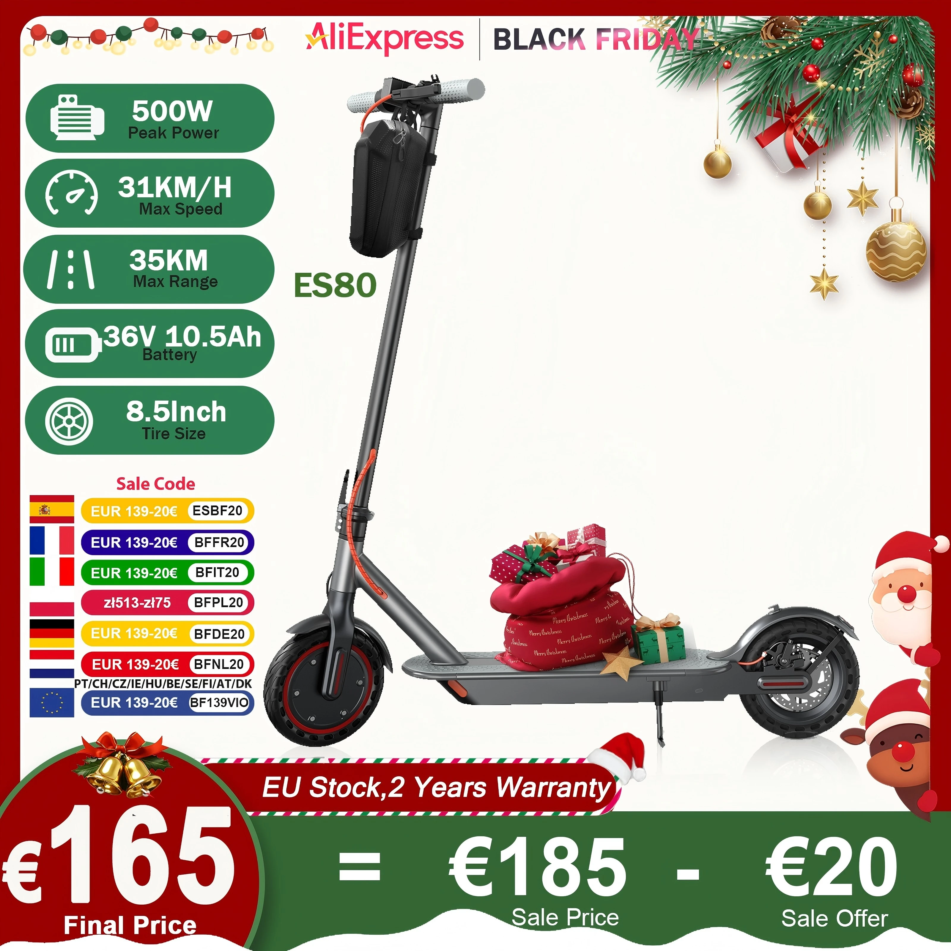 JUICEASE ES80 M365 Scooter elettrico 35KM 31KM/H 350W 36V 10.5AH Batteria lunga Pneumatici da 8,5 pollici con Smart APP Pieghevole EScooter