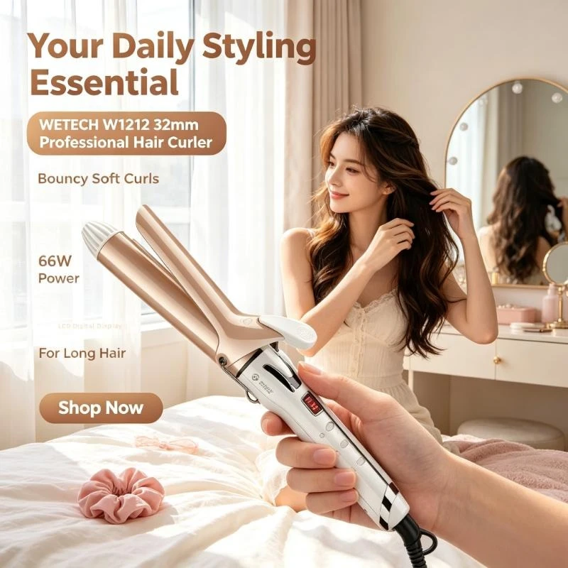 WETECH W1212 Fer à friser professionnel 32 mm 66W avec écran LCD numérique, double tension 100-240V, fer à friser à grand diamètre pour salon, pour créer des boucles souples et rebondissantes sur les cheveux longs.