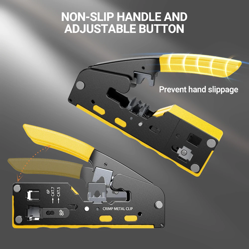 Denswire Pass Through RJ45 Crimping Tool, Stripping Taglio Crimpatura Ethernet Crimper per connettori RJ11 RJ45 Cat8/7/6A/6/5E