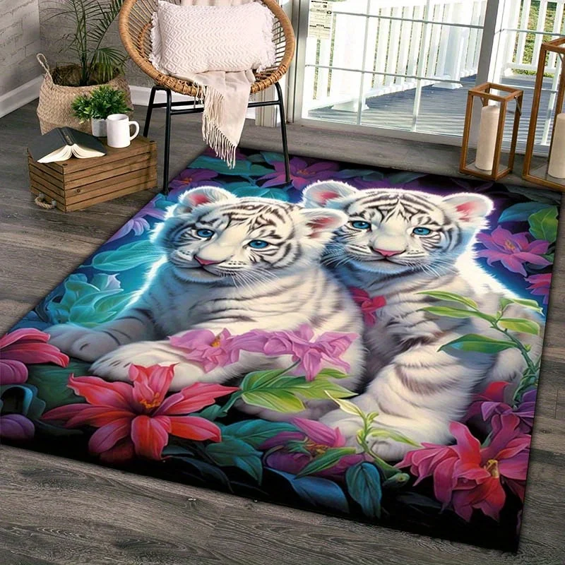 

Crystal Velvet Area Rug - Machine Washable & Fatigue-Resistant Polyester Carpet with Vibrant Tiger & Floral Pattern,