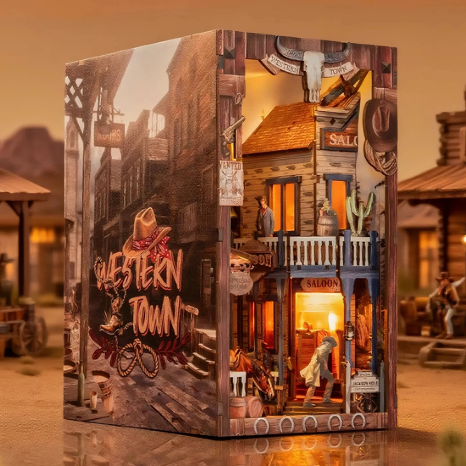

NEW DIY Wooden Western Town Book Nook Shelf Insert Kits Miniature Model Kit With Lights Bookend for Friends Birthday Gifts