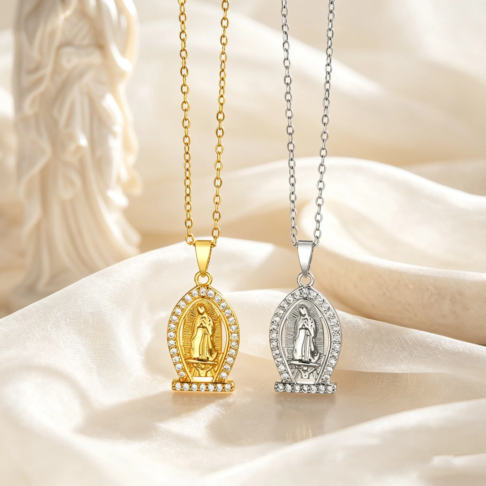 Luxury Gold Plated Virgin Mary Necklace, Stainless Steel Religious Zircon Geometric Pendant Necklace, Elegant Vintage Jewelry