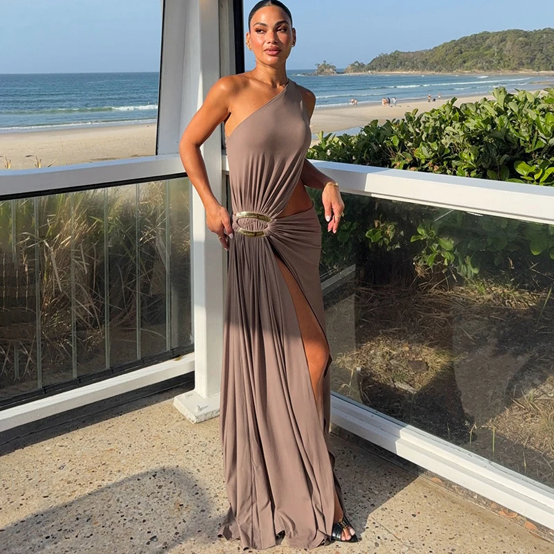 

Typhaland Sexy Slant Collar Sleeveless Maxi Dress Waist Hollow Fashion Banquet Dress Solid 2026 New Ins Hot Female Long Dress