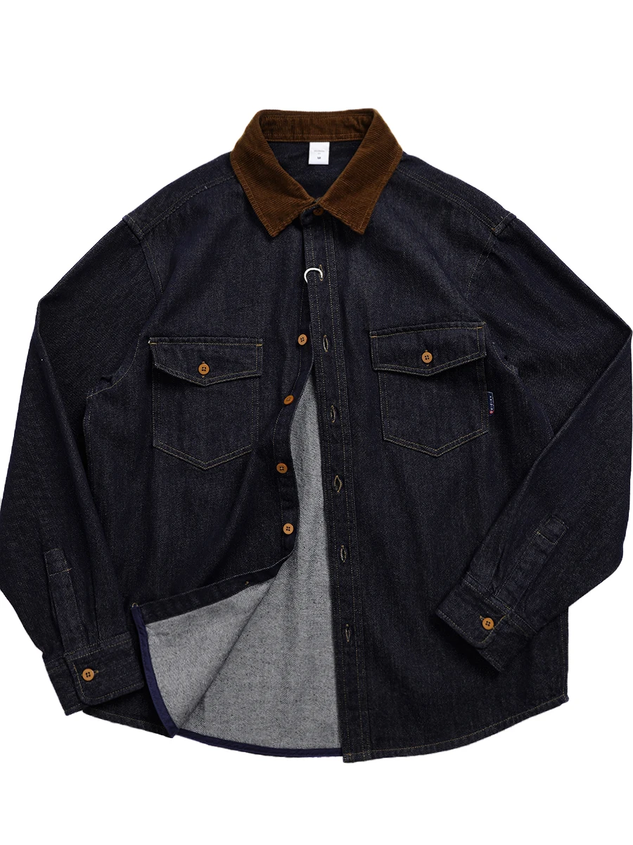 

American Sle Heavyweight Indigo Long Sve Men's Denim irt Collared Patchwork Motorcycle Workwear Vintage Trendy Jaet