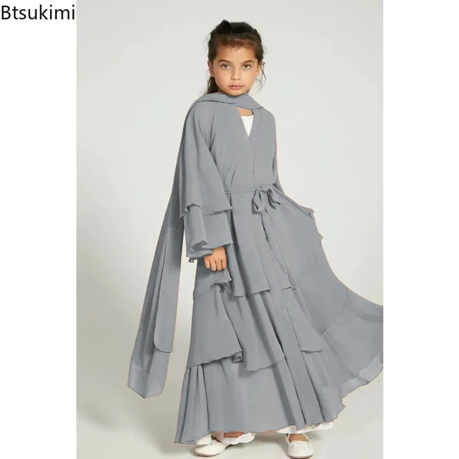 2024 Eid Muslim Kids Abaya Girls Chiffon Dress Fashion Solid Long Kaftan Robe Arab Islamic Clothing for Child Modest Prayer Gown