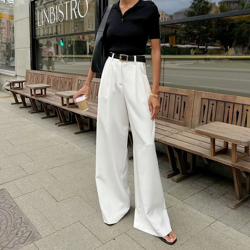 Pantalones blancos nuevos de pierna ancha de cintura alta para mujer, traje sencillo y versátil para oficina, Pantalón recto holgado informal, otoño 2025