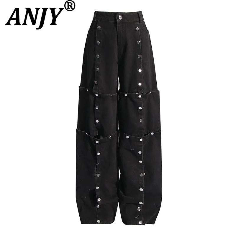 

ANJY 2025 Autumn New Women Dark Techwear Punk Streetwear Pants Fashion Detachable Multi-Button High Waisted Straight Jeans A7143