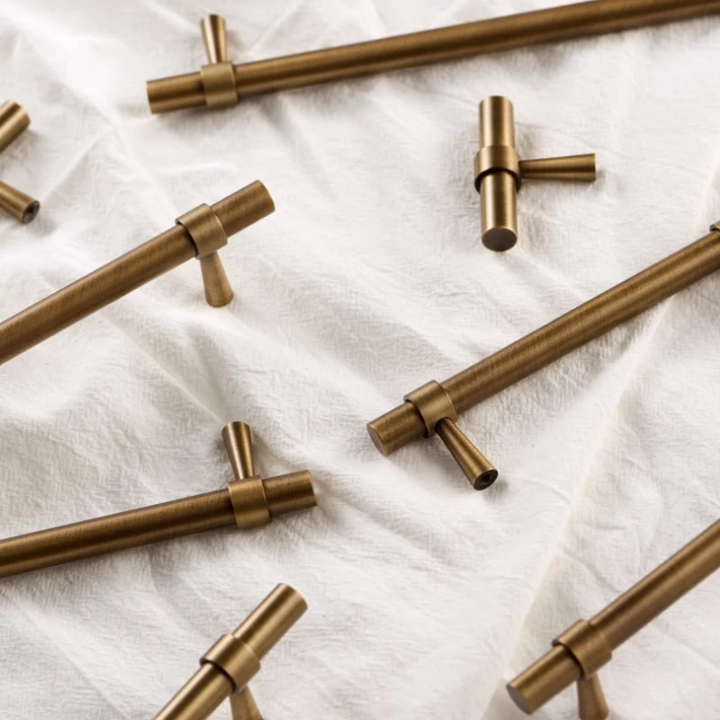 Bronze Cabinet Door Handle Retro Brass T Bar Knob Simple Furniture Pure Copper Kitchen Cabinet Wardrobe Door Knob Drawer Handles
