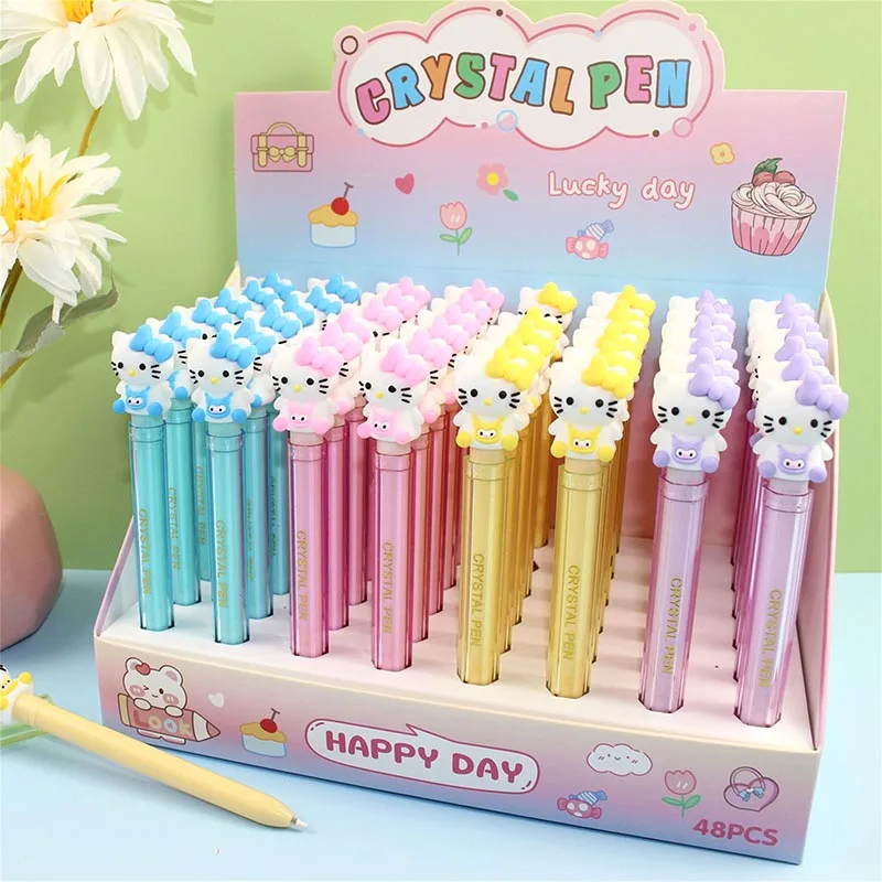 

48pcs/lot Sanrio Kitty Gel Pen Creative 0.5mm Black Ink Crystal Neutral Pens Promotional Gift Office School Supplies