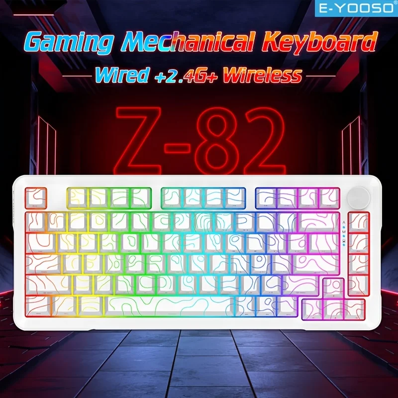 

E-YOOSO 2.4G Wireless/Bluetooth/Wired Mechanical Keyboard Side-carved Contour Keyboard ,15 Lighting Modes RGB Game Keyboard