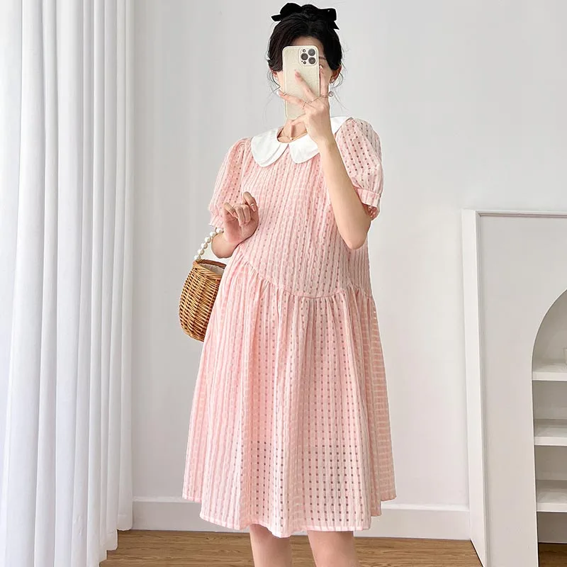 Summer Maternity Bowknot V-neck Hubble-bubble Sleeve Loose Maternity Doll Dress Sweet Ruffles Patchwork Pregnant Woman Dress