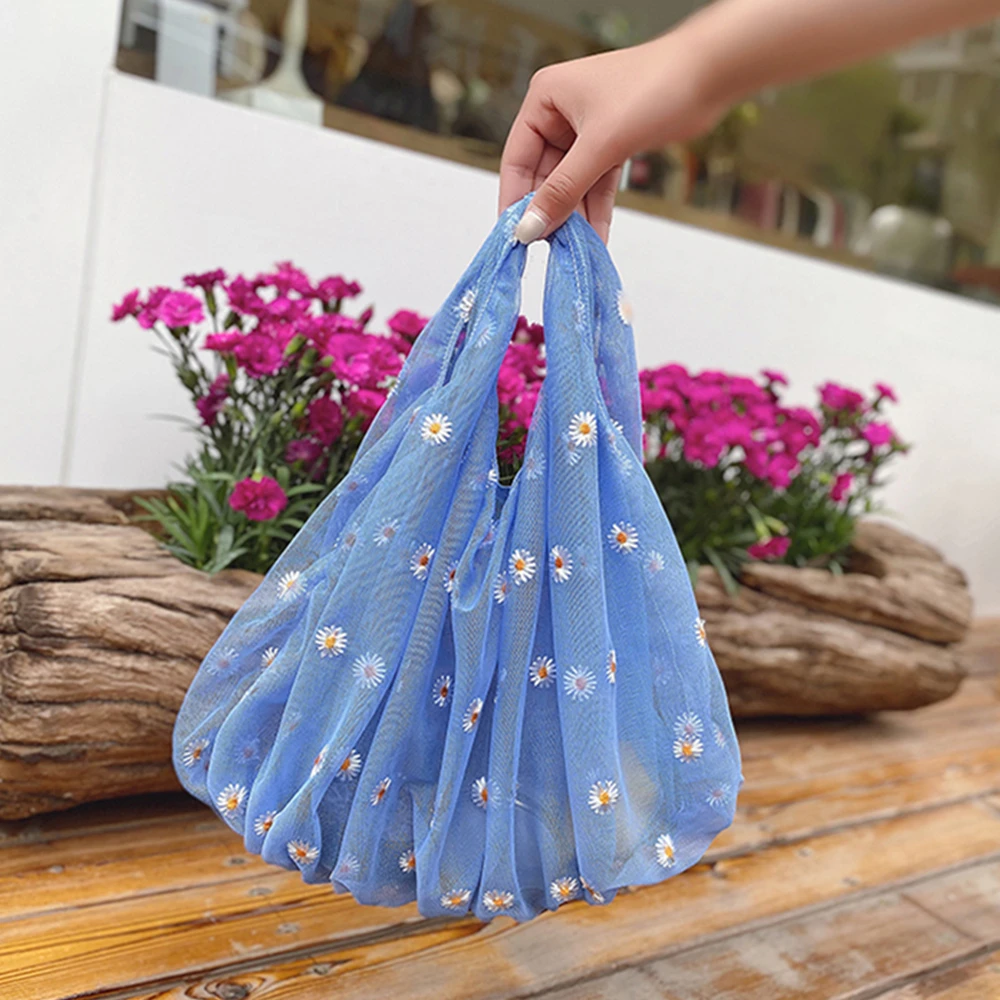 Women Light Single Shoulder Bag Mesh Embroidery Daisy Hand Bag Cute Fairy Shopping Bag Handbag Women\'s Bag Spring and Summer