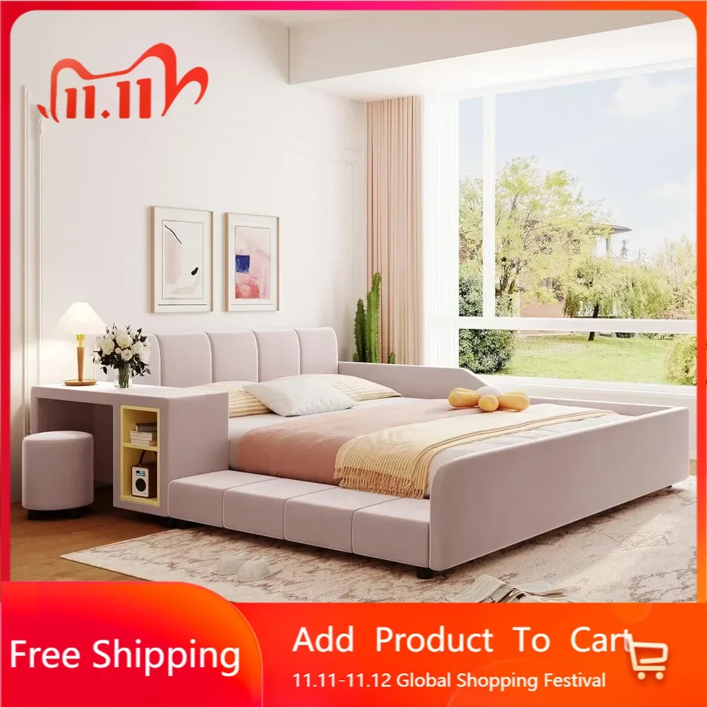 Upholstered Grounded Bed Platform Bed, Wooden Queen Size Mother & Child Bed Frame with Bedside Desk and Little Round Stool