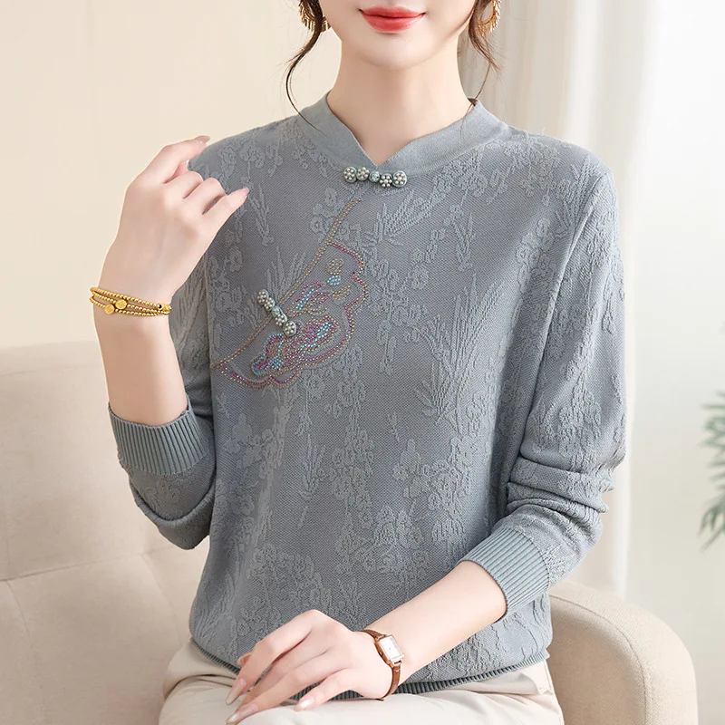 Vintage Printed Woman Clothing Knit Middle Aged Mother Pullover Tops Long Sleeve Autumn Winter Sweaters & Jumpers Pull Femme