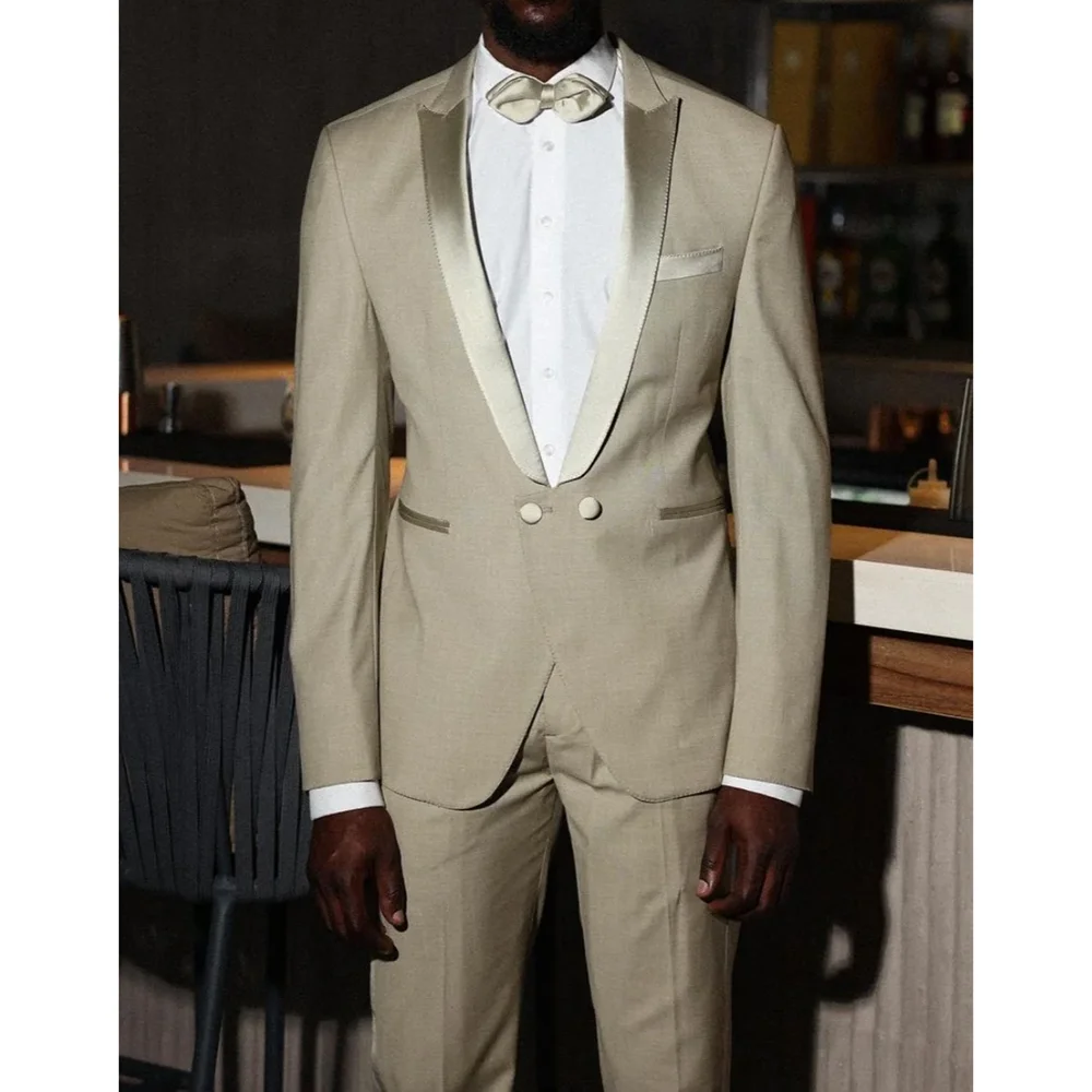 

Fashion Men Suits Satin Peak Lapel Two Buttons Male Suit Slim Customized Chic Formal Prom Party Wedding Tuxedos 2 Pieces