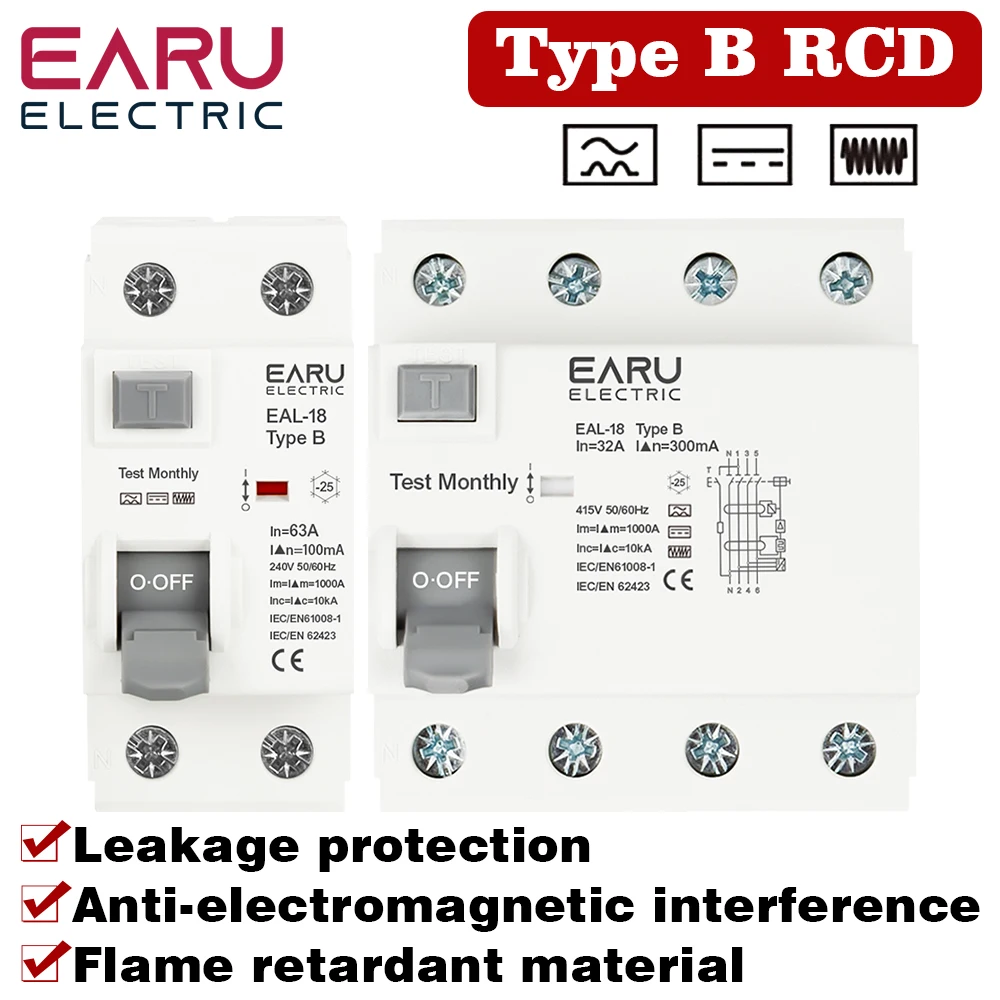 2P/4P 10/30/100/300mA Electric Vehicle EV Charging Pile Residual Current Breaker DC RCCB RCD Type B 6KA Din Rail Earth Leakage