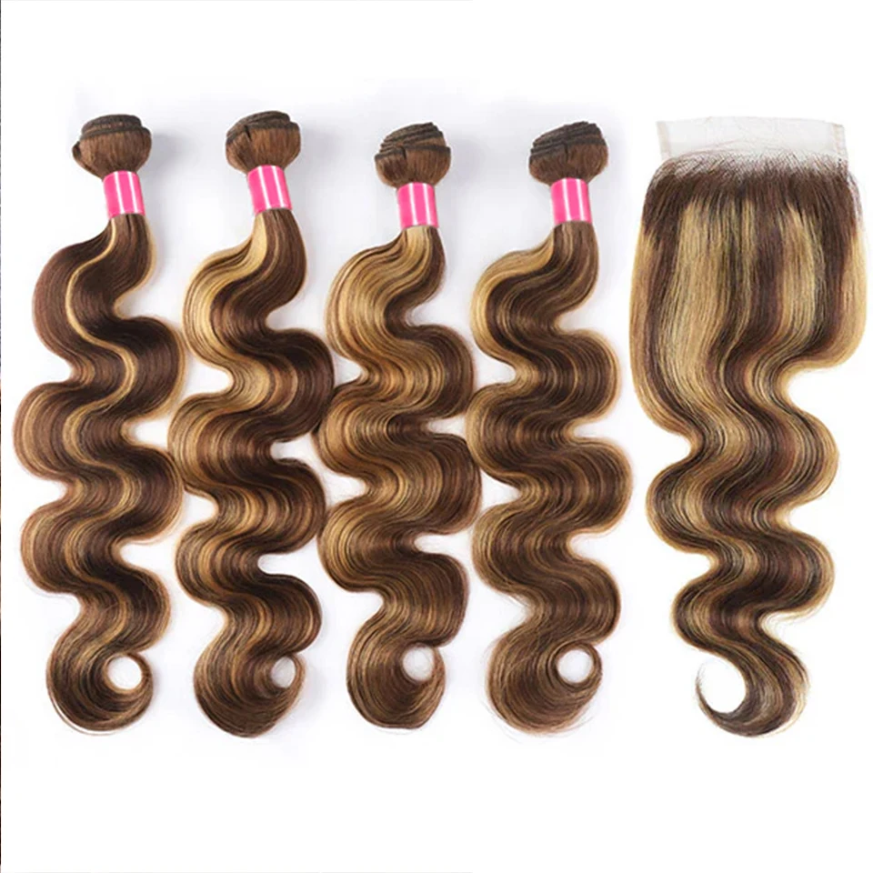 P4/27 Highlight Human Hair Bundles With 4x4 Body Wave Lace Closure Brazilian Remy Hair 3/4 PC Bundle Double Weft Hair Extensions
