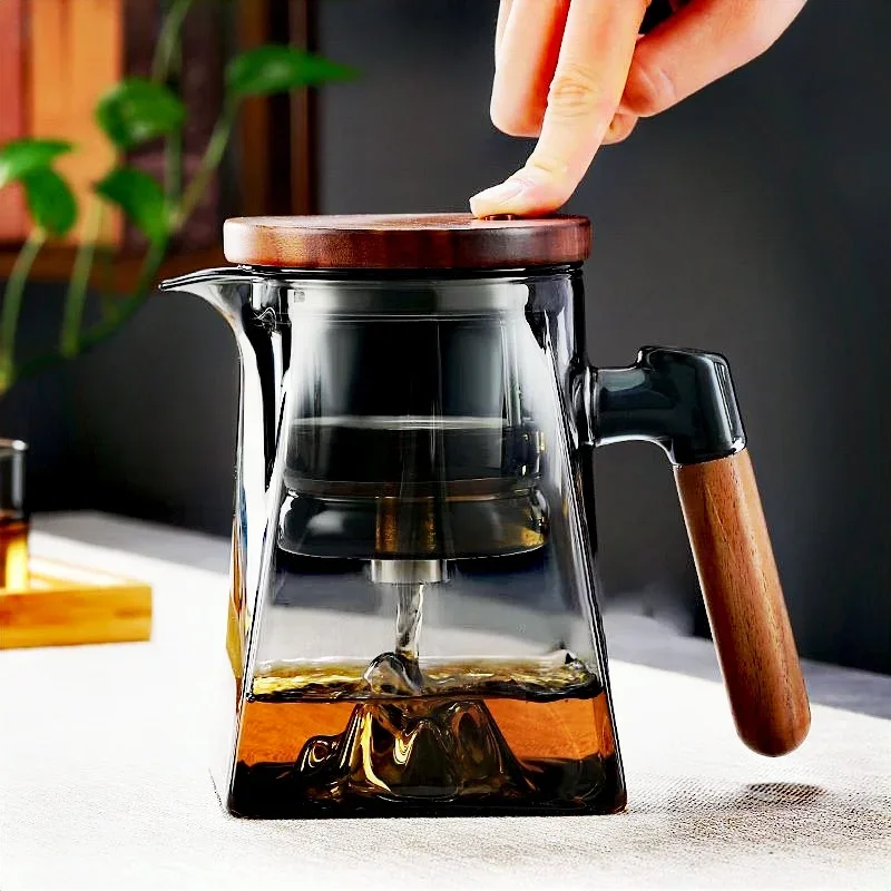 One Click Tea Separation Filtration Bottom Mountain View Glass Teapot With Wood Handle 700ml Kungfu Tea Water Separation Tea Pot