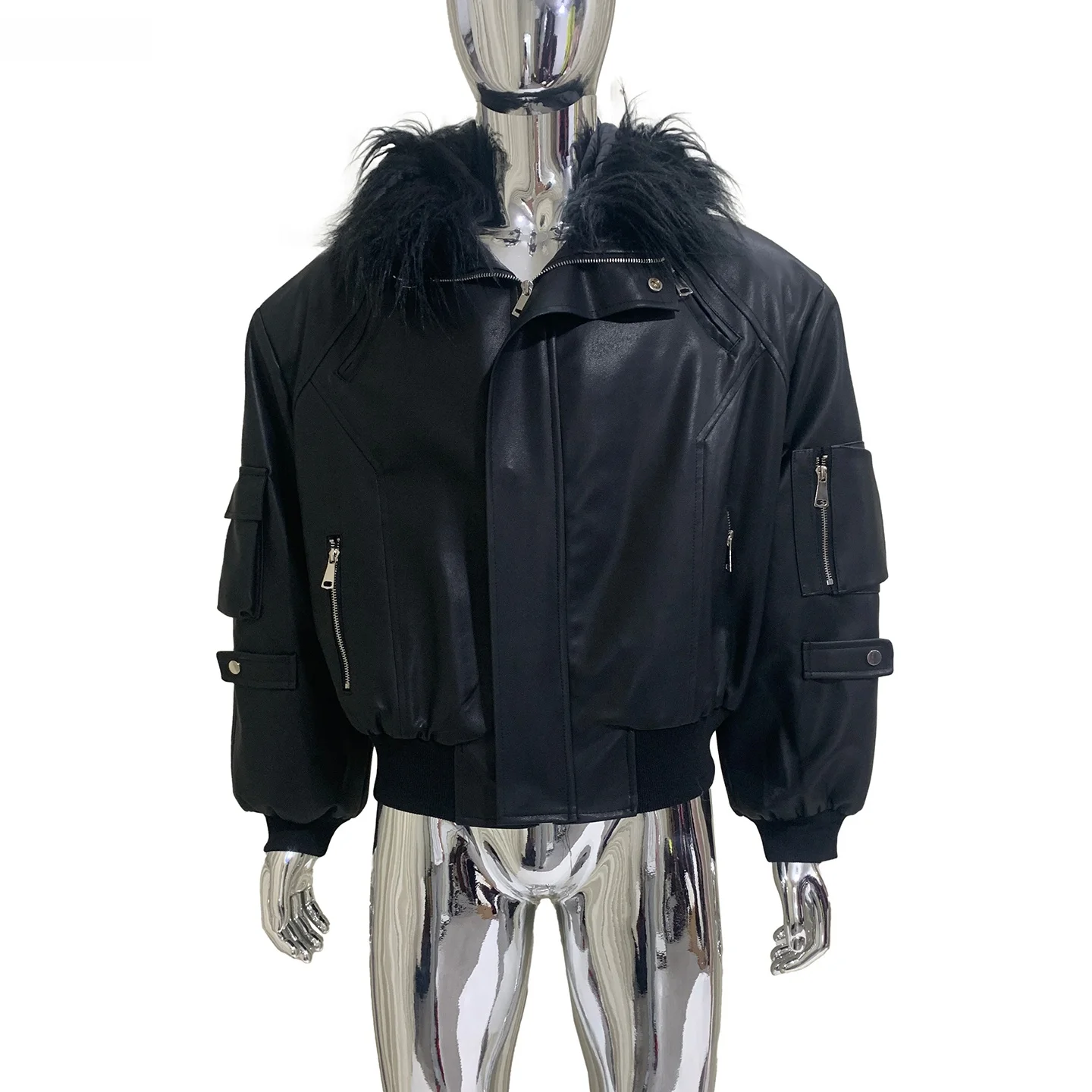 Nerazzurri Men's Short PU Leather Jacket with Large Fur Collar Winter Coat Casual Fashion Urban Style Zipper Closure Long Sleeve