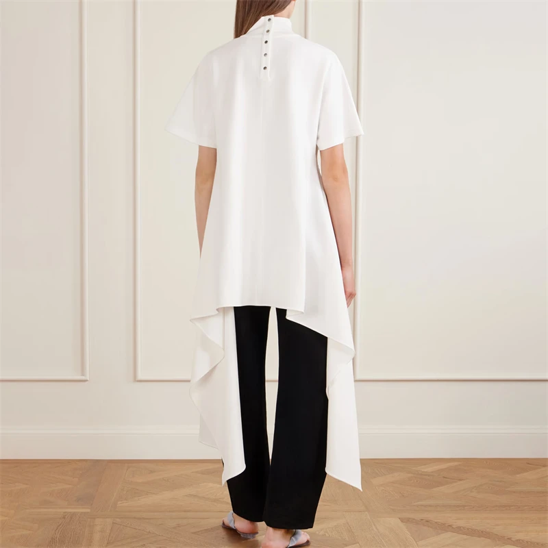 High-quality summer new women's stand-up collar irregular short-sleeved T-shirt, fashionable and casual swallowtail knit top