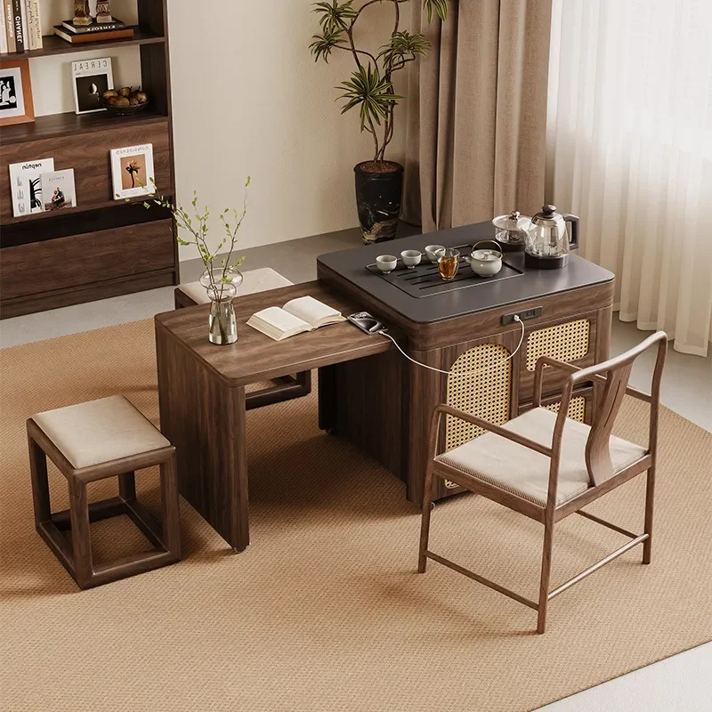 North American Black Walnut Multi Functional Mobile Retractable Tea Table Kettle Integrated Small Apartment Household Rock