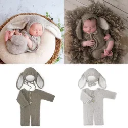 ❤Mohair Rabbit Ear Hat and Jumpsuits Set para Fotografia Recém-Nascida, Photo Props, Knit Clothes, Outfits for Studio, Baby Accessories, 2 Pcs/Set